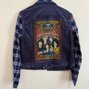 GAP Corduroy Upcycled Trucker Jacket w/Aerosmith Graphic & Flannel Sleeves L